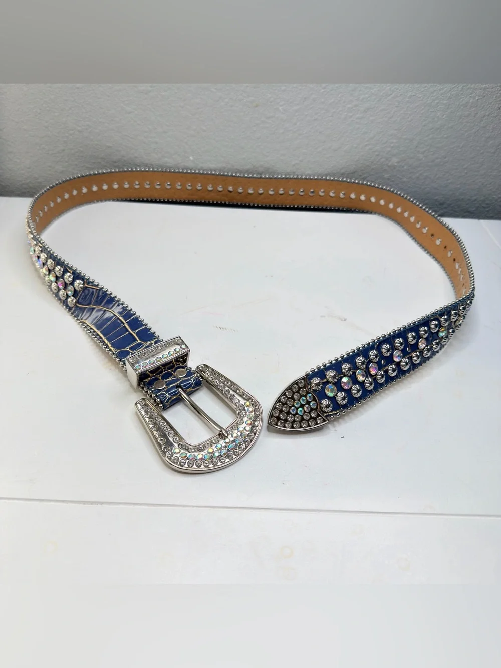 Western Blue Rhinestone Belt Crystal Diamond Studded Faux Leather Cowgirl Belt